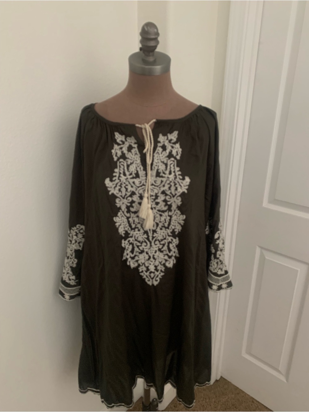 Embroidered Olive Green Peasant Dress with Cream Detail